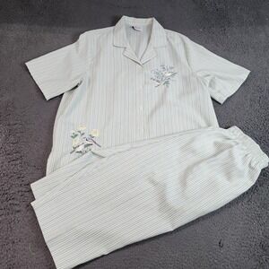 BonWorth Outfit Set Womens M Petite Green Stripe Embroidered Birds Top Pants